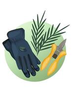 Gardening gloves and pruning shears on a green background. Gardening Tools. Gardening. Landscape design. Vector illustration on a white background.