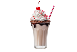 AI Generated milkshake drink topped with whipped cream and syrup on a transparent background. png