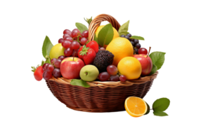 AI Generated Fruits including oranges, apples, grapes, bananas are in a wicker basket. png