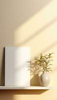 Realistic Beige Frame and Plant Vase on Matte Warm Background AI generated photo