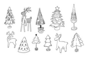 Doodle hand drawn Christmas tree collection. Different kind of holiday tree and reindeer made by hands. Holiday hand drawn design for Christmas for coloring pages, stickers, pattern. vector