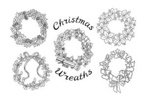 Christmas doodle handmade different holiday wreath. Sketchy outline wreath made from gifts, cookie cutters, mistletoe, poinsettia and holly leaves. Holiday design for coloring pages, stickers, pattern vector