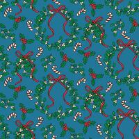 Vector flat Christmas seamless pattern with mistletoe, christmas wreath, candy stick and holly in outline hand drawn cartoon style on blue background. Holiday design for decoration, wrapping