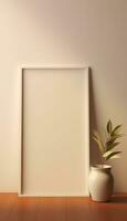 Realistic Beige Frame and Plant Vase on Matte Warm Background AI generated photo