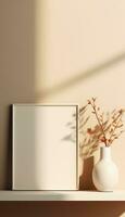 Realistic Beige Frame and Plant Vase on Matte Warm Background AI generated photo