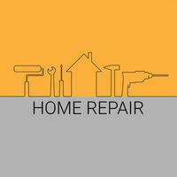 Home repair logo design. Different tools and house in a flat linear style. vector