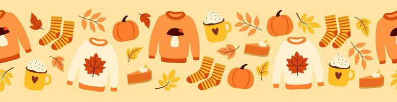 Seamless border with cute autumn elements. Colorful objects on beige background. Cartoon flat style vector