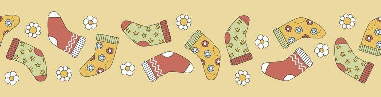 Groovy Christmas seamless border with socks and flowers in trendy retro cartoon style. Background for winter festive design. vector