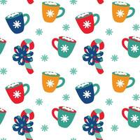 Cute Christmas cups with cocoa and marshmallows. Seamless pattern. Vector. vector