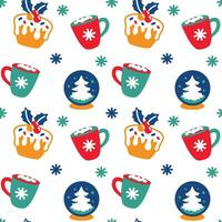 Cute Christmas cups with cocoa and marshmallows. Seamless pattern. Vector. vector