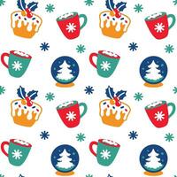 Cute Christmas cups with cocoa and marshmallows. Seamless pattern. Vector. vector