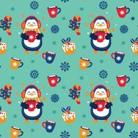 Cute penguin drinks hot cocoa with marshmallows. Christmas children's print. Seamless print. Vector. vector