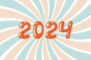 2024 groovy vector. Hand drawn number 2024 New Year isolated on swirl background in retro style vector