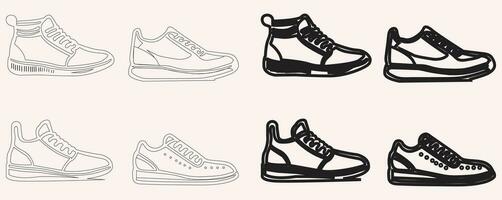 Zapatos icono recopilación. alto tacones sandalia, botas, excursionismo calzado, entrenadores, y otro cosas. un conjunto de minimalista plano contorno vector dibujos en un blanco antecedentes