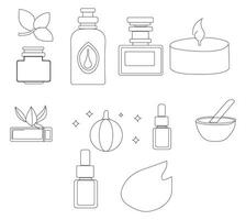 Icons for essential oils and perfume. Set of outline essential oil and fragrance vector icons for web design, isolated on white .eps