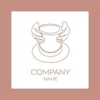 Logo in outline of hands making ceramic on a potter's wheel in doodle style. Hands make ceramic in continuous line style logo. The process of making clay products. vector