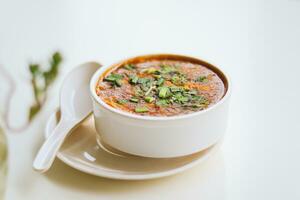 Homemade tomato soup in a white bowl with saucer. Side view isolated on a white background. photo