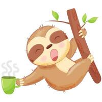 Cute Sloth Sleeping With Coffee Cup Cartoon Vector Icon Illustration. Animal Drink Icon Concept Isolated Premium Vector. Cartoon Style