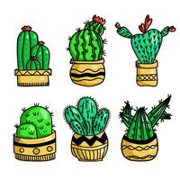 Set of hand drawn cacti in pots. Vector illustration.