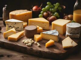 various types of cheese on rustic wooden table AI Generated photo
