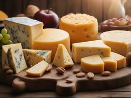 various types of cheese on rustic wooden table AI Generated photo