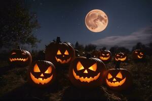 Carved pumpkins for halloween smiling on ground under big moonlight. Big moon on background. Bats on the sky. AI Generated photo