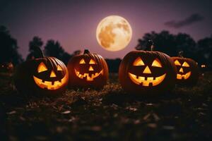 tallado calabazas para Víspera de Todos los Santos sonriente en suelo debajo grande luz de la luna. grande Luna en antecedentes. murciélagos en el cielo. ai generado foto