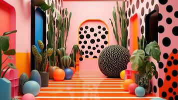 generativo ai, memphis posmoderno estilo interior con muchos plantas, vibrante colores habitación foto