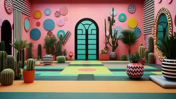 generativo ai, memphis posmoderno estilo interior con muchos plantas, vibrante colores habitación foto