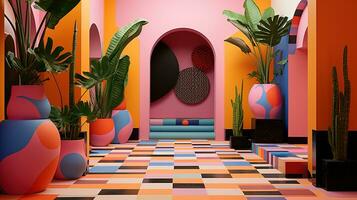 generativo ai, memphis posmoderno estilo interior con muchos plantas, vibrante colores habitación foto