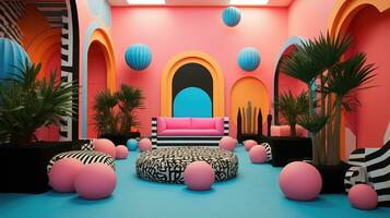 Generative AI, Memphis postmodern style interior with many plants, vibrant colors room photo