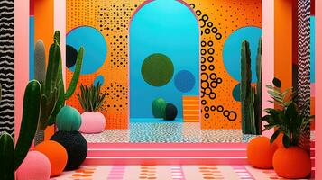 generativo ai, memphis posmoderno estilo interior con muchos plantas, vibrante colores habitación foto