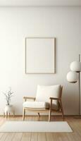 Minimalist Living Room Artist's Frame on Beige Rug AI generated photo