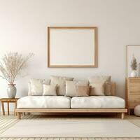 Minimalist Living Room Artist's Frame on Beige Rug AI generated photo