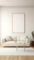 Minimalist Living Room Artist's Frame on Beige Rug AI generated photo