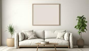 Minimalist Living Room Artist's Frame on Beige Rug AI generated photo