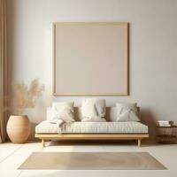 Minimalist Living Room Artist's Frame on Beige Rug AI generated photo