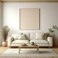 minimalista vivo habitación del artista marco en beige alfombra ai generado foto