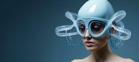 Generative AI, Woman in plastic blue octopus like mask, high tech futurism, minimalist beauty photo