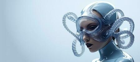 Generative AI, Woman in plastic blue octopus like mask, high tech futurism, minimalist beauty photo