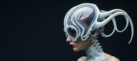 Generative AI, Woman in plastic blue octopus like mask, high tech futurism, minimalist beauty photo