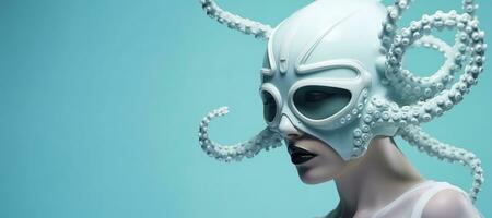 generativo ai, mujer en el plastico azul pulpo me gusta mascarilla, alto tecnología futurismo, minimalista belleza foto