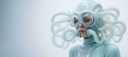 Generative AI, Woman in plastic blue octopus like mask, high tech futurism, minimalist beauty photo