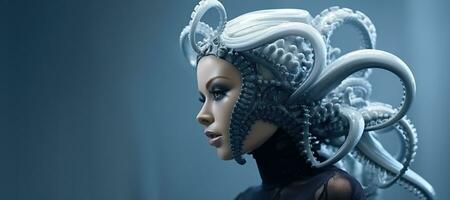 Generative AI, Woman in plastic blue octopus like mask, high tech futurism, minimalist beauty photo