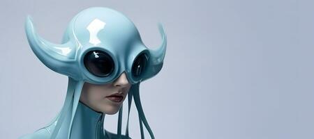 Generative AI, Woman in plastic blue octopus like mask, high tech futurism, minimalist beauty photo