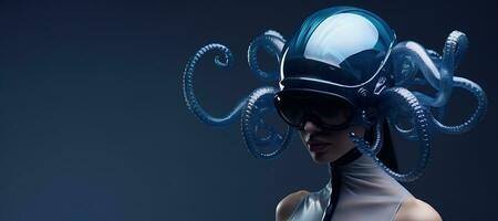 generativo ai, mujer en el plastico azul pulpo me gusta mascarilla, alto tecnología futurismo, minimalista belleza foto