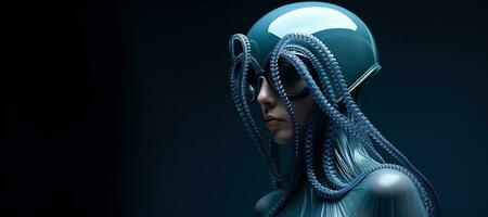 Generative AI, Woman in plastic blue octopus like mask, high tech futurism, minimalist beauty photo