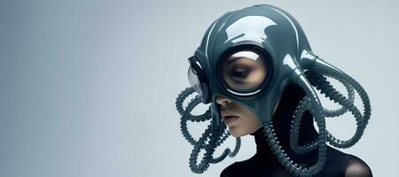 Generative AI, Woman in plastic blue octopus like mask, high tech futurism, minimalist beauty photo