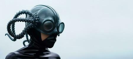 Generative AI, Woman in plastic blue octopus like mask, high tech futurism, minimalist beauty photo