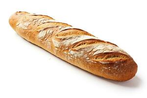 Freshly baked homemade French baguette on white background. photo